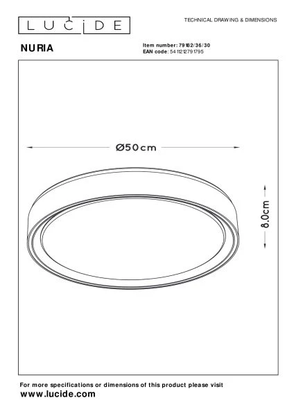 Lucide NURIA - Plafonnier - Ø 50 cm - LED 3 StepDim - 1x36W 2700K - Noir - technique